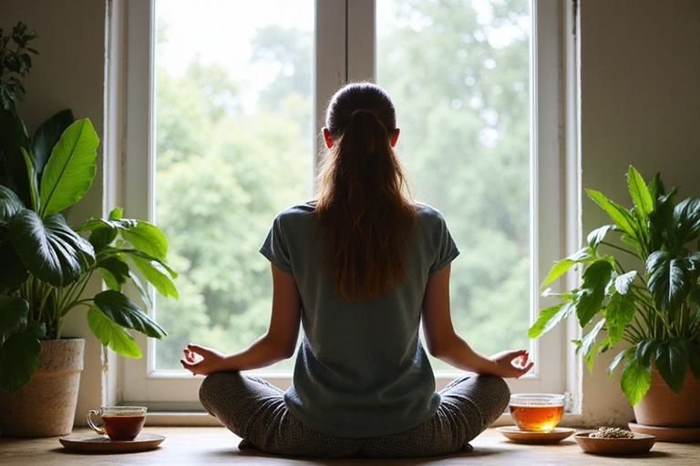 A person meditating by a window with natural light, green plants, and a cup of herbal tea, representing a healthy lifestyle.