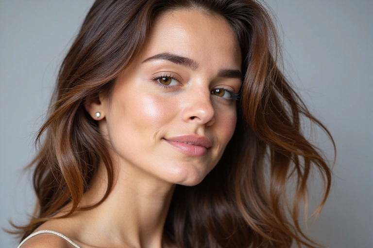 A woman with flowing hair, looking serene and confident, representing beauty and self-care.