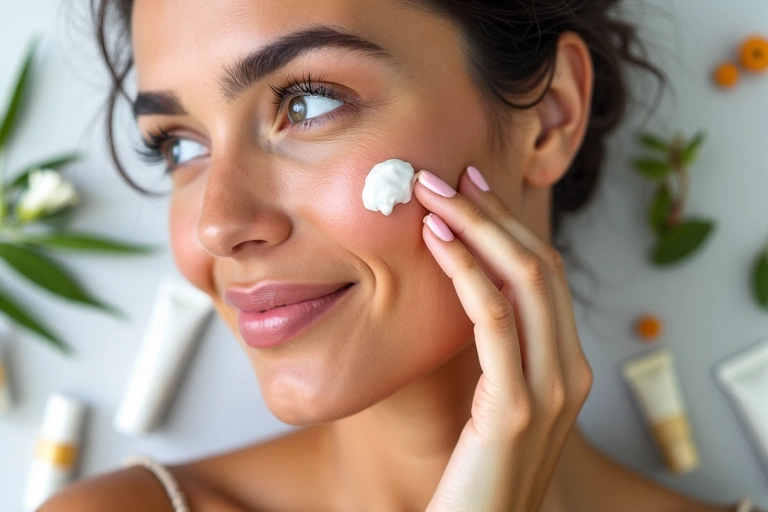 A woman with radiant, clear skin applying a natural face cream, with various skincare products and botanicals around her.