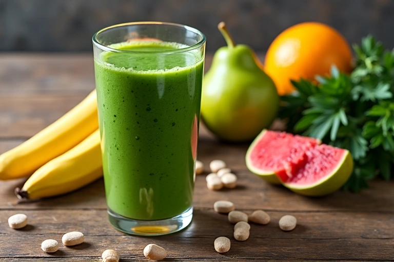 A vibrant green smoothie, fresh fruits, and natural supplements arranged aesthetically on a wooden table.