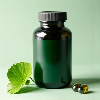 Bottle of premium organic spirulina capsules.