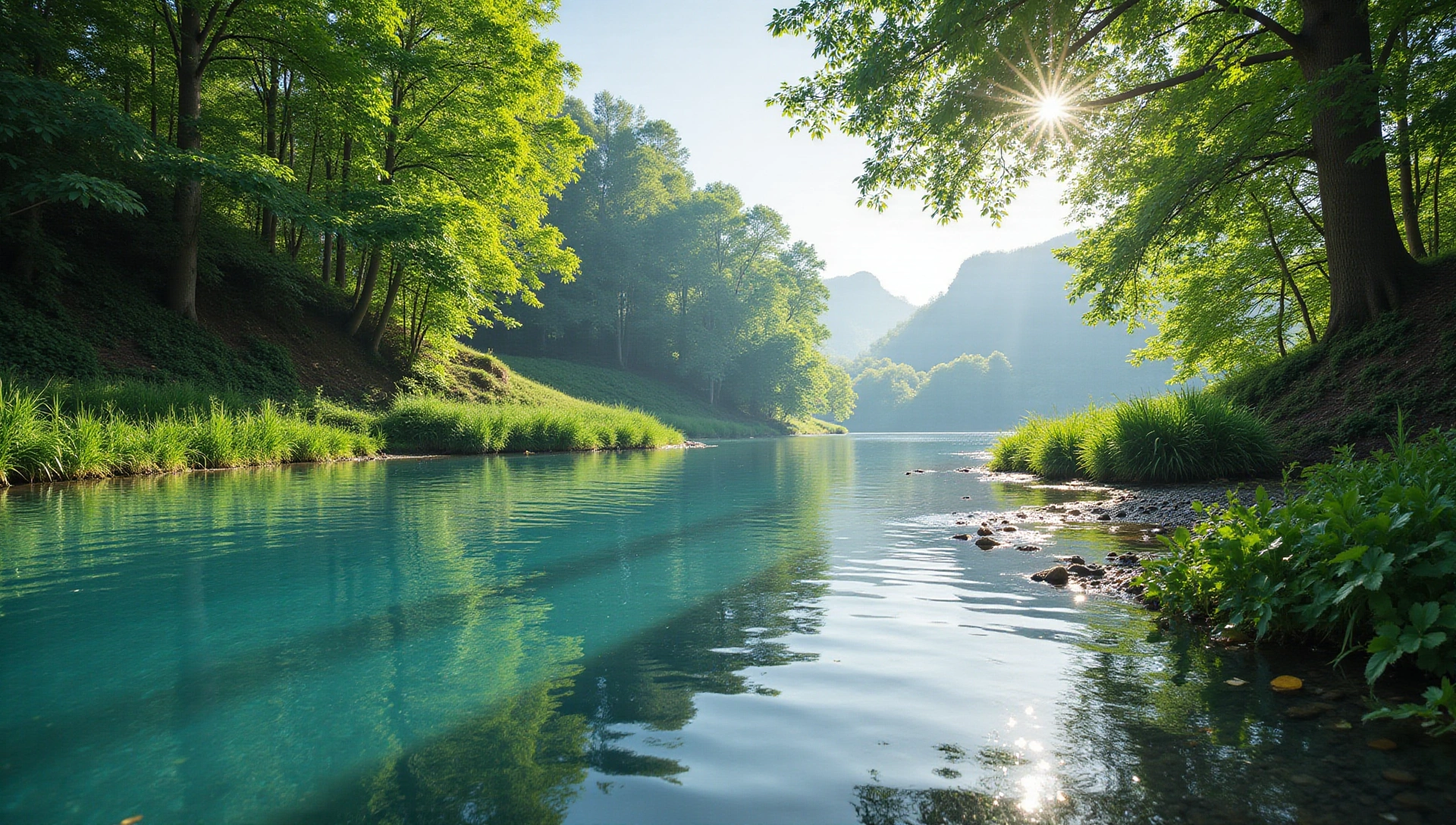 Serene natural landscape with lush greenery and clear water, representing health and purity.