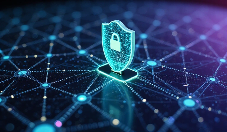 Abstract network security with glowing data packets and a shield icon