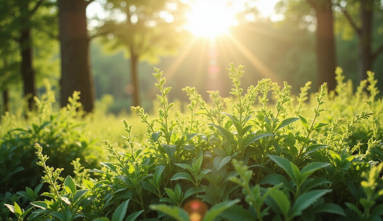 A serene landscape with a variety of adaptogenic herbs like Ashwagandha, Rhodiola, and Ginseng growing naturally, bathed in soft sunlight.