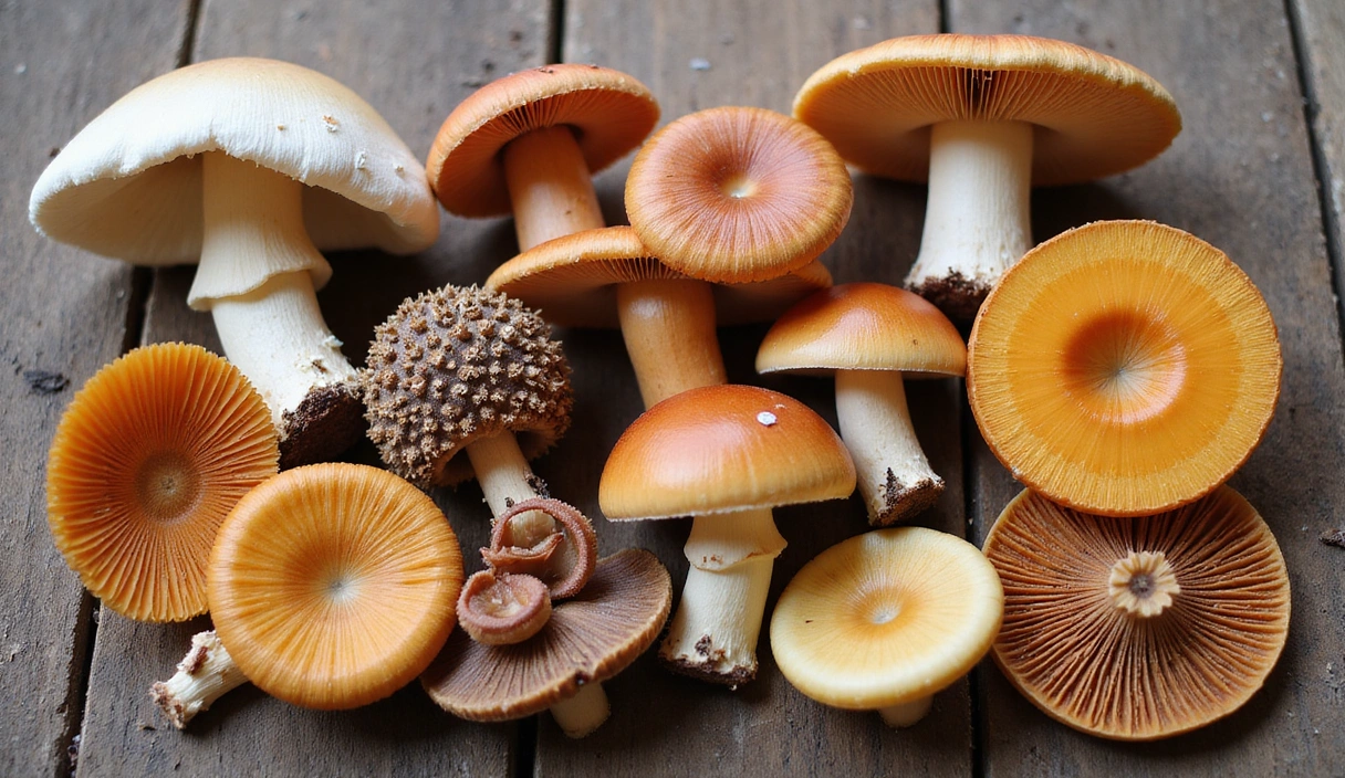 A collection of various adaptogenic mushrooms like Reishi, Chaga, and Lion's Mane, artfully arranged on a wooden surface, highlighting their natural forms.