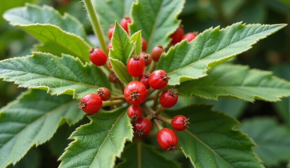 Close-up of a vibrant Ashwagandha plant with its characteristic red berries and green leaves, symbolizing natural wellness.
