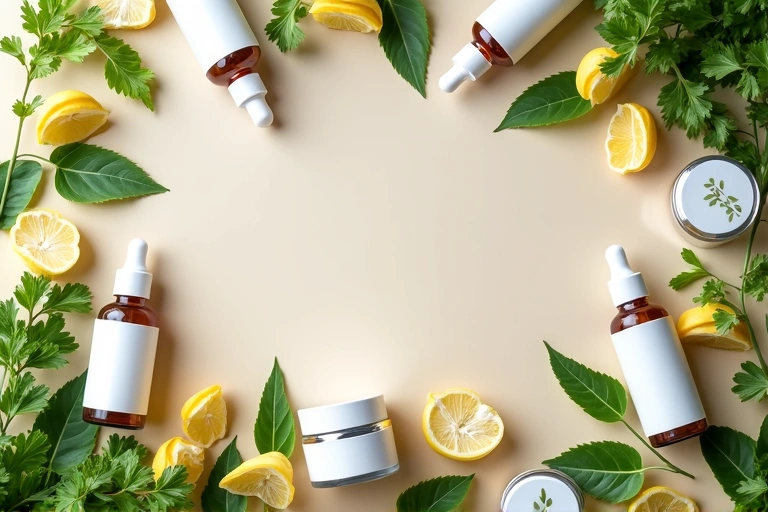 Variety of natural skincare products with botanical elements